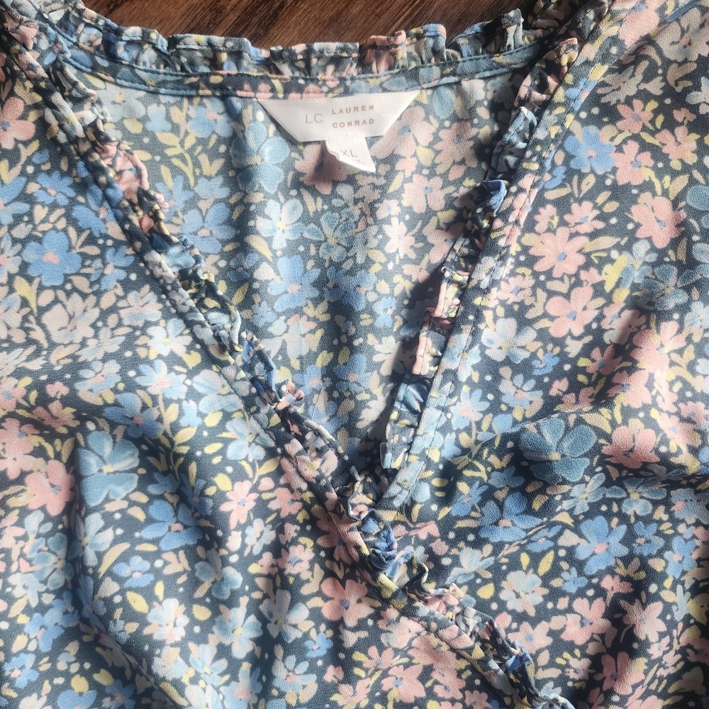 LC Lauren Conrad Dress Size XL Floral Sleeveless Ruffled Blue Pink Extra Large - Picture 9 of 9